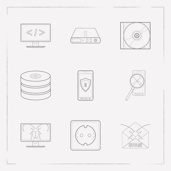 Conjunto de iconos tecnológicos símbolos de estilo de línea con seguridad móvil, toma de corriente, base de datos y otros iconos para el diseño del logotipo de su aplicación móvil web . — Foto de Stock