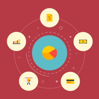 Pasta grafik, para birimi, banka kartı ve diğer simgeler web mobil app logo tasarımı için ekonomi simgeler düz stil sembollerle kümesi.