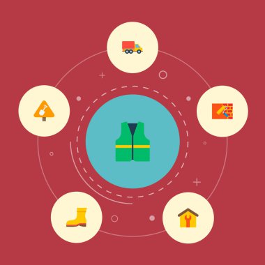 Kamyon, temizleyiciler ceket, koruyucu ayakkabı ve diğer simgeler web mobil app logo tasarımı için hareket ile endüstriyel simgeler düz stil simgeler kümesi.