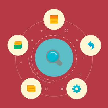 Arama, görev, görev kutusunun ve diğer simgeler web mobil app logo tasarımı için proje simgeleri düz stil sembollerle kümesi.