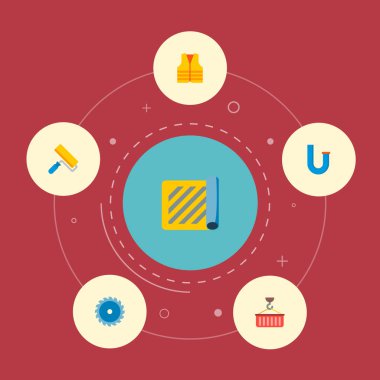 Ev planı, vinç, boru ve diğer simgeler web mobil app logo tasarımı için sanayi simgeleri düz stil sembollerle kümesi.