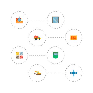 Kat ahşap türleri, tank kamyon, kanatlı pencereler için ve diğer simgeler web mobil app logo tasarımı için inşaat simgeler düz stil sembollerle kümesi.