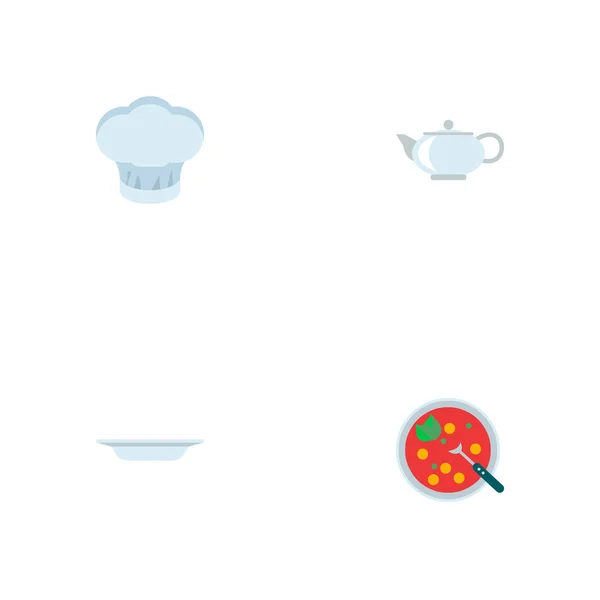 Set ikon dapur gaya datar simbol dengan topi memasak, piring, sup dan ikon lain untuk desain logo web mobile Anda . - Stok Vektor