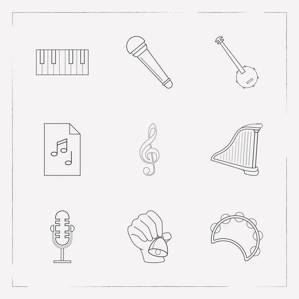Набір символів мелодійних піктограм лінії стилю з музичним файлом, дерев'яною кришкою, мікрофоном запису та іншими піктограмами для дизайну логотипу вашого мобільного додатка . — стоковий вектор