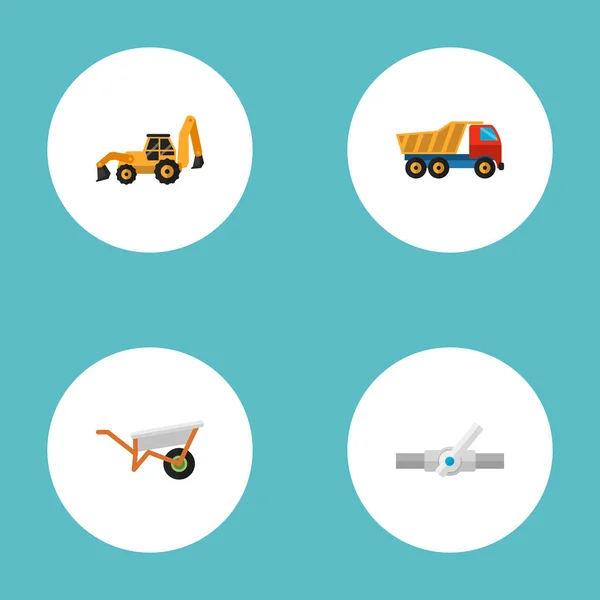 Zestaw symboli płaski ikony budowlanych ciężarówka Wywrotka, Taczki, ciągnik na podwoziu gąsienicowym i inne ikony dla projektu logo mobilnych aplikacji sieci web. — Wektor stockowy