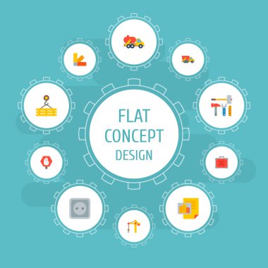 Dur işareti, damperli kamyon, priz ve diğer simgeler web mobil app logo tasarımı için sanayi simgeleri düz stil sembollerle kümesi.