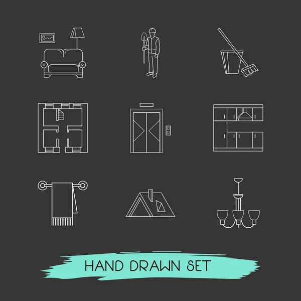 Set of interior design icons line style symbols with chandelier, kitchen, cleaning icons for your web mobile app logo design.