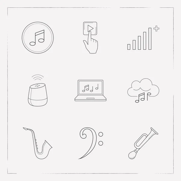 Set of music icons line style symbols with bass clef, smart speaker, cursor on play button and other icons for your web mobile app logo design.