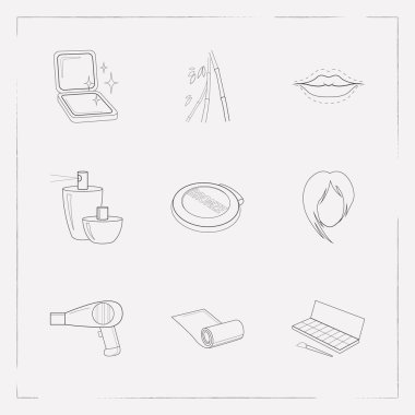 Güzellik simgeler çizgi stili sembolleri ile dudak büyütme, yoga mat, parfüm ve diğer simgeler web mobil app logo tasarımı için kümesi.