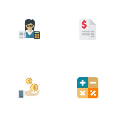 Simgeler düz stil sembolleri ile vergi, muhasebeci, net gelir ve diğer simgeler web mobil app logo tasarımı için muhasebe seti.