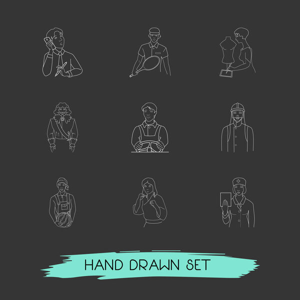 Набор иконок в стиле линии с теннисисткой, фермеркой, портным и другими иконками для дизайна логотипа вашего мобильного веб-приложения
.