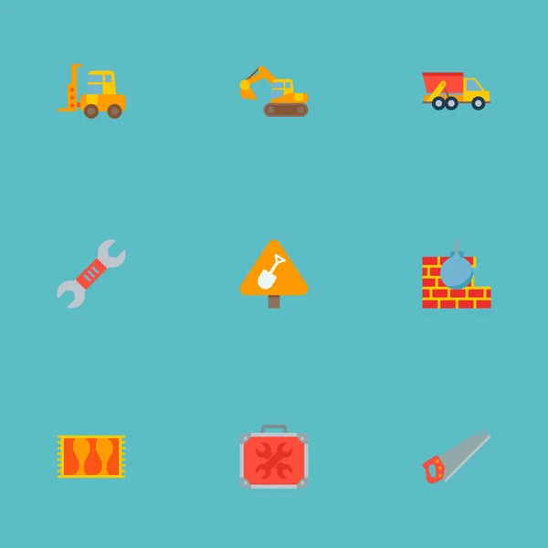 Set von Bausymbolen flache Stil-Symbole mit Kipper, Bagger, Gabelstapler und andere Symbole für Ihre Web-Mobile-App-Logo-Design. — Stockvektor