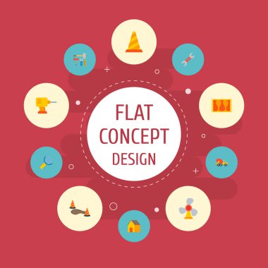 Endüstriyel simgeler düz stil sembollerle İnşaat araçları, ev, elektrikli matkap ve web mobil app logo tasarımı için diğer simgeler kümesi.