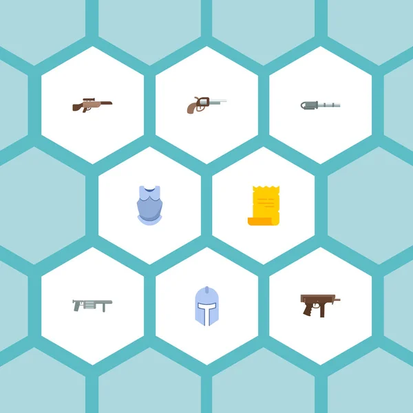 Set ikon permainan gaya datar simbol dengan pelindung tubuh, rpg, senapan sniper dan ikon lain untuk desain logo aplikasi mobile web Anda . - Stok Vektor