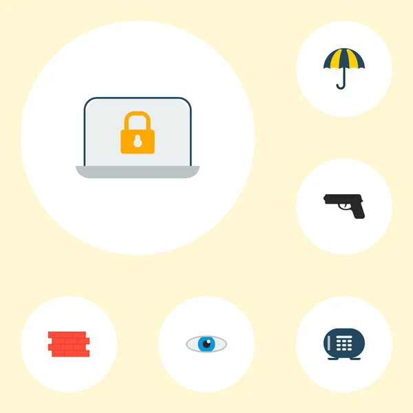 Conjunto de iconos de seguridad símbolos de estilo plano con paraguas, arma, computadora portátil y otros iconos para el diseño del logotipo de su aplicación móvil web . — Vector de stock