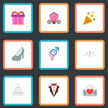 Hediye, gelin elbise, çiftliğe ve diğer simgeler web mobil app logo tasarımı için evlilik simgeler düz stil sembollerle kümesi.