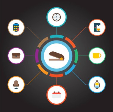 Duvar saati, takvim, zımba ve diğer simgeler web mobil app logo tasarımı için Büro simgeler düz stil sembollerle kümesi.