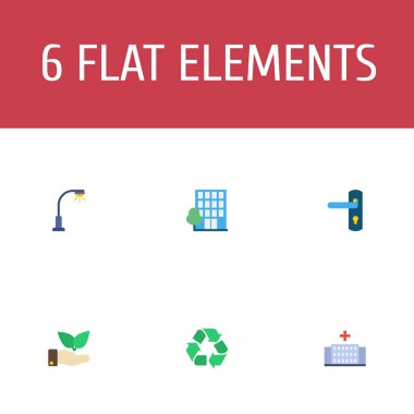 Sokak ışık, bina, kapı kilidi ve diğer simgeler web mobil app logo tasarımı için teknoloji simgeler düz stil sembollerle kümesi.