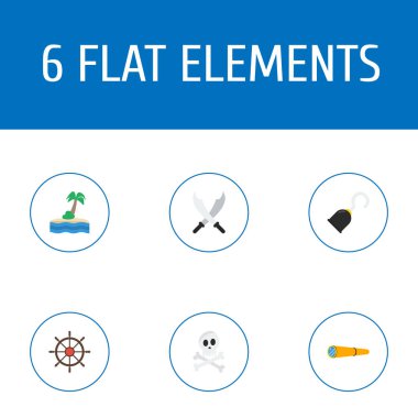 Korsan simgeler düz stil sembollerle dümen simgeler web mobil app logo tasarımı için kontrol iskelet, ada, dizi.