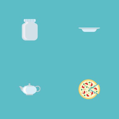 Kavanoz, pizza, su ısıtıcısı ve diğer simgeler web mobil app logo tasarımı için mutfak simgeler düz stil sembollerle kümesi.