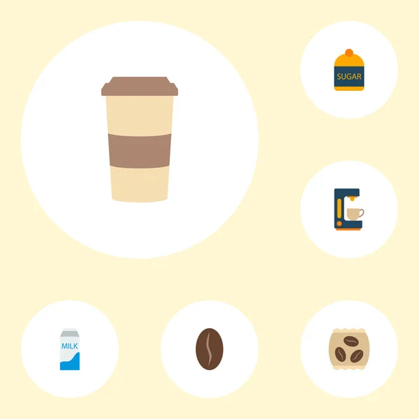 Készlet-ból ital ikonok lapos stílusú szimbólumok, cukor, tej zsebében, kávéfőzővel és más ikonok a webes mozgatható app logo design. — Stock Vector