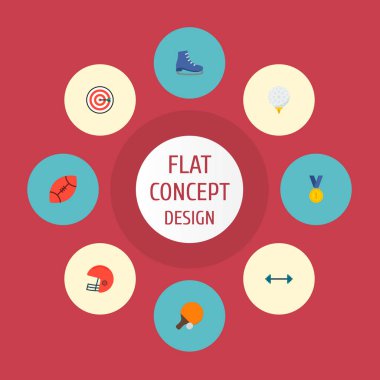 Kask, Dart, kazanan madalya ve diğer simgeler web mobil app logo tasarımı için faaliyet simgeleri düz stil sembollerle kümesi.