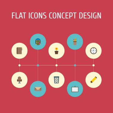 Çalışma alanı simgeleri düz stil semboller kalem ile dizi standı, saksı, hesap makinesi simgeler web mobil app logo tasarımı için.