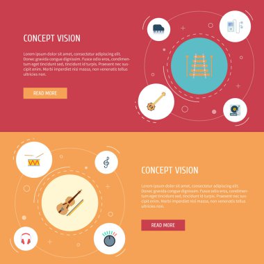 Piyano tuşları, yaylı çalgılar, davul ve diğer simgeler web mobil app logo tasarımı için stüdyo simgeler düz stil sembollerle kümesi.