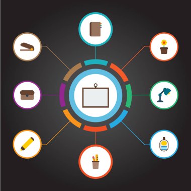 Evrak çantası, saksı, adres defteri ve diğer simgeler web mobil app logo tasarımı için Büro simgeler düz stil sembollerle kümesi.