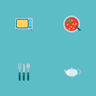 Su ısıtıcısı, çorba, çatal bıçak takımı ve diğer simgeler web mobil app logo tasarımı için mutfak simgeler düz stil sembollerle kümesi.