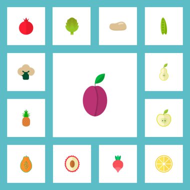 Karnabahar, ananas, patates ve diğer simgeler web mobil app logo tasarımı için meyve simgeler düz stil sembollerle kümesi.