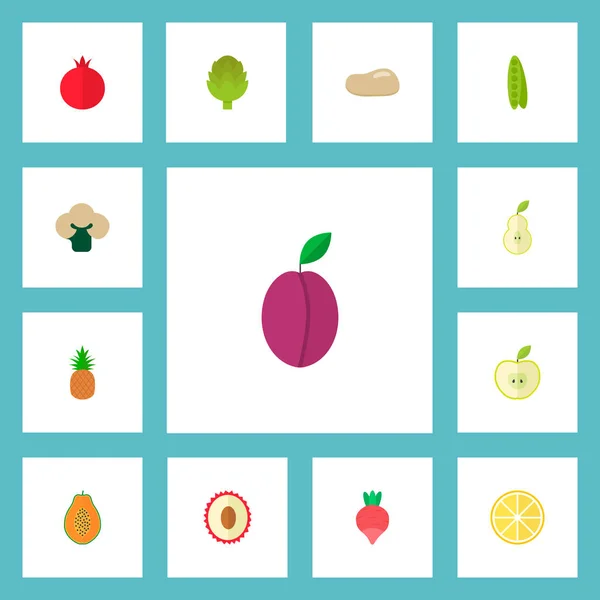 Conjunto de iconos de frutas símbolos de estilo plano con coliflor, piña, papa y otros iconos para el diseño del logotipo de su aplicación móvil web . — Vector de stock