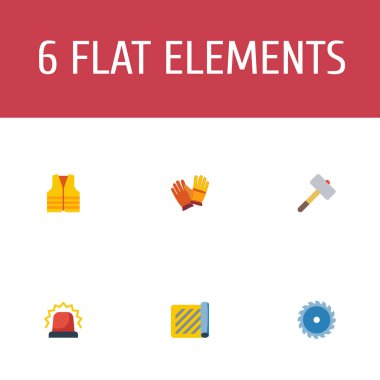 Emanet ceket, daire testere, alarm ve diğer simgeler web mobil app logo tasarımı için inşaat simgeler düz stil sembollerle kümesi.