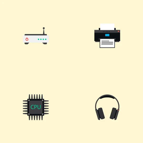 Set von PC-Symbolen flache Stil-Symbole mit CPU, Kopfhörer, Druckmaschine und andere Symbole für Ihre Web-Mobile-App-Logo-Design. — Stockvektor