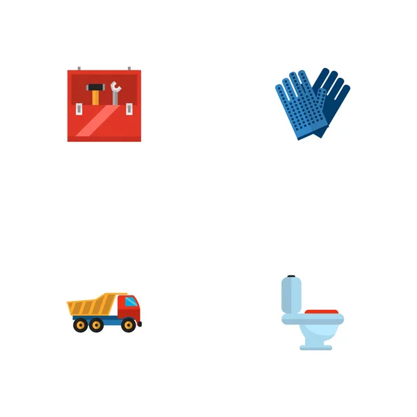 Set de pictograme de construcție simboluri în stil plat cu camion dumper, cutie de instrumente, mănuși de lucru și alte pictograme pentru designul logo-ului aplicației mobile web . — Vector de stoc