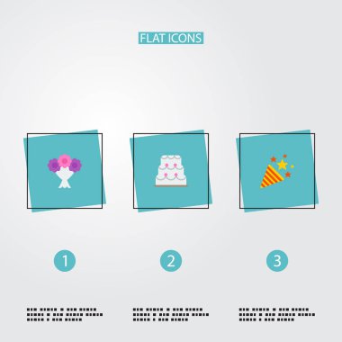 Düğün pastası, havai fişek, buket ve diğer simgeler web mobil app logo tasarımı için düğün simgeler düz stil sembollerle kümesi.