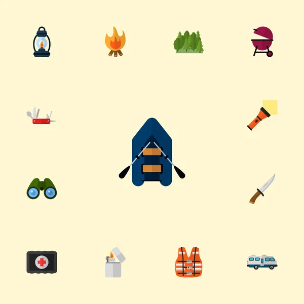 Ecza, orman, kauçuk tekne ve diğer simgeler web mobil app logo tasarımı için kamp simgeler düz stil sembollerle kümesi. — Stok fotoğraf