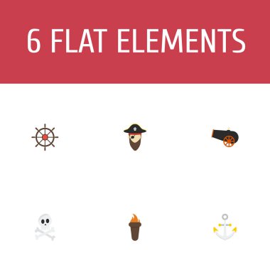 İskelet, savaş topu, kontrol eden dümen ve diğer simgeler web mobil app logo tasarımı için korsan simgeler düz stil sembollerle kümesi.