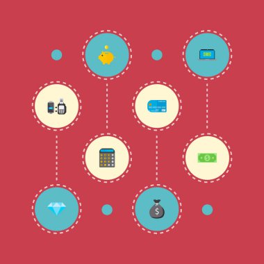 Hesap makinesi, dizüstü bilgisayar, elmas ve diğer simgeler web mobil app logo tasarımı için finans simgeler düz stil sembollerle kümesi.