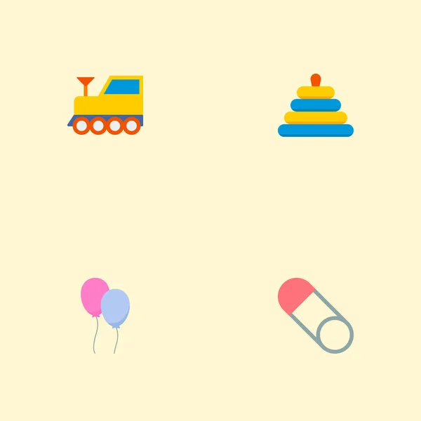 Conjunto de iconos infantiles símbolos de estilo plano con tren, globo, broche y otros iconos para el diseño del logotipo de su aplicación móvil web . — Vector de stock