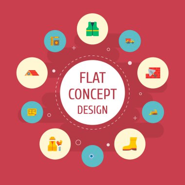 Endüstriyel simgeler düz stil sembollerle tuğla döşeme, koruyucu ayakkabı, çatı ve web mobil app logo tasarımı için diğer simgeler kümesi.