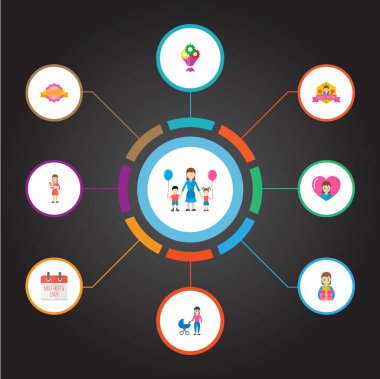 Mutlu anneler günü simgesi düzen tasarım perambulator, etiket ve Bayan sembolleri ile düz. Güzel anne güzel kadınsı tasarım için sosyal, web ve baskı.