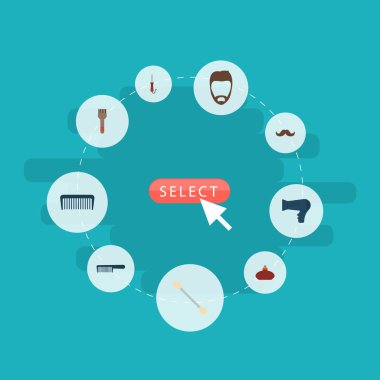 Kuaför simgeler düz stil sembolleri ile fırça, sakal, tarak ve diğer simgeler web mobil app logo tasarımı için boyama seti.