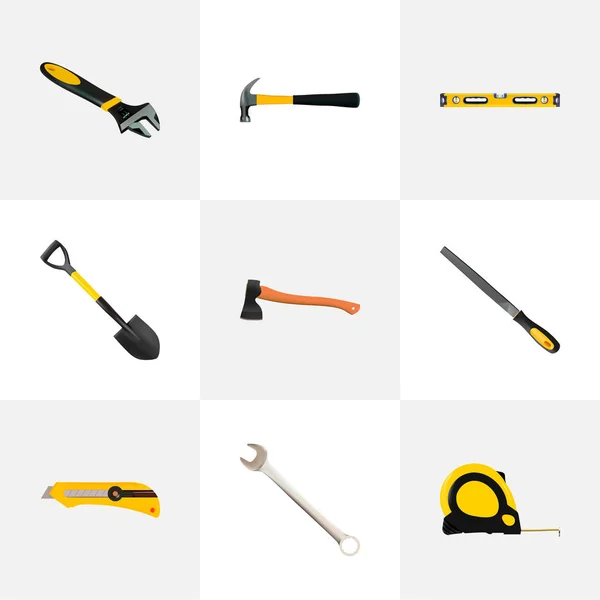 Набір інструментів реалістичних символів з рівнем міхура, лопатою, різаком та іншими піктограмами для дизайну логотипу вашого мобільного додатку . — стокове фото
