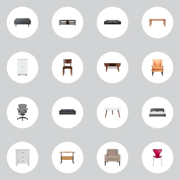 Набір реалістичних символів меблів з вітальнею, кріслом, меблями та іншими піктограмами для дизайну логотипу вашого мобільного додатку . — стокове фото