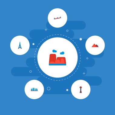 Ünlü simgeler düz stil sembollerle Çin Seddi, Eyfel Kulesi, giza ve web mobil app logo tasarımı için diğer simgeler kümesi.