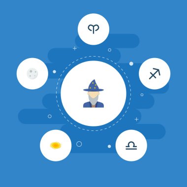 Koç, Terazi, yay ve diğer simgeler web mobil app logo tasarımı için galaxy simgeler düz stil sembollerle kümesi.