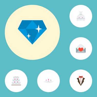 Gelin elbise, düğün pastası, elmas ve diğer simgeler web mobil app logo tasarımı için tören simgeler düz stil sembollerle kümesi.