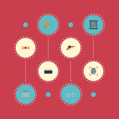 Suç simgeler düz stil sembollerle kelepçe, parmak izi, sizin web mobil app logo tasarımı için suç sahne simgeler kümesi.