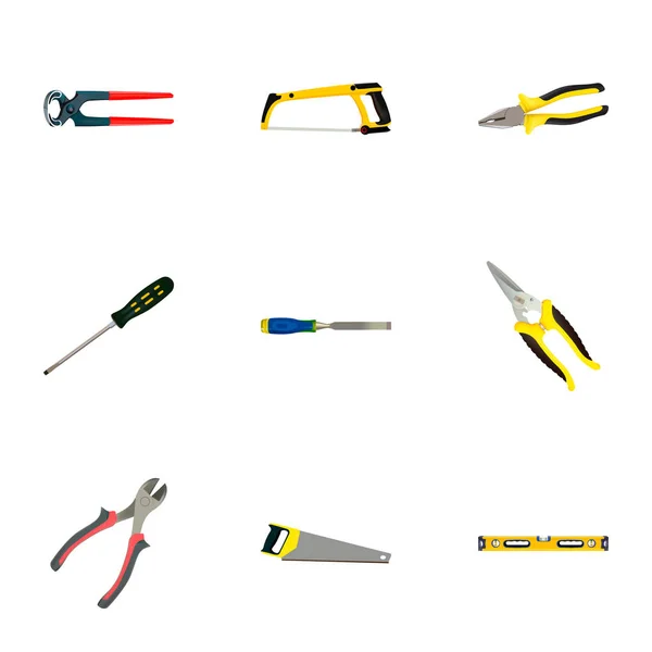 Conjunto de herramientas de símbolos realistas con destornillador, sierra, pinzas y otros iconos para el diseño del logotipo de su aplicación móvil web . — Vector de stock